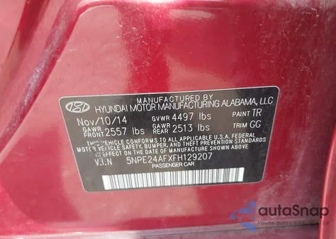 2015 Hyundai Sonata Se from USA, damaged, VIN 5NPE24AFXFH129207